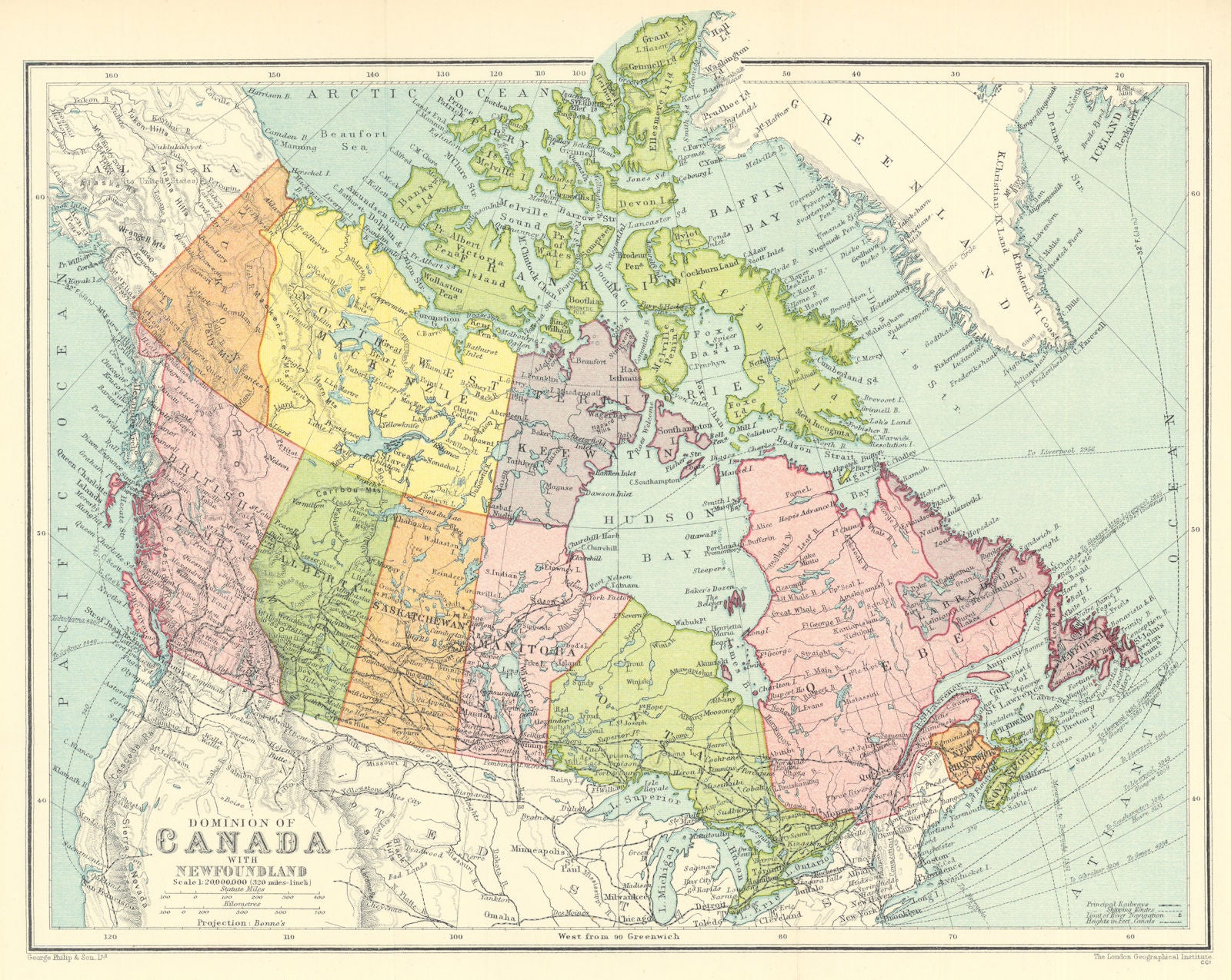 Dominion of Canada with Newfoundland by George Philip 1938 old vintage map